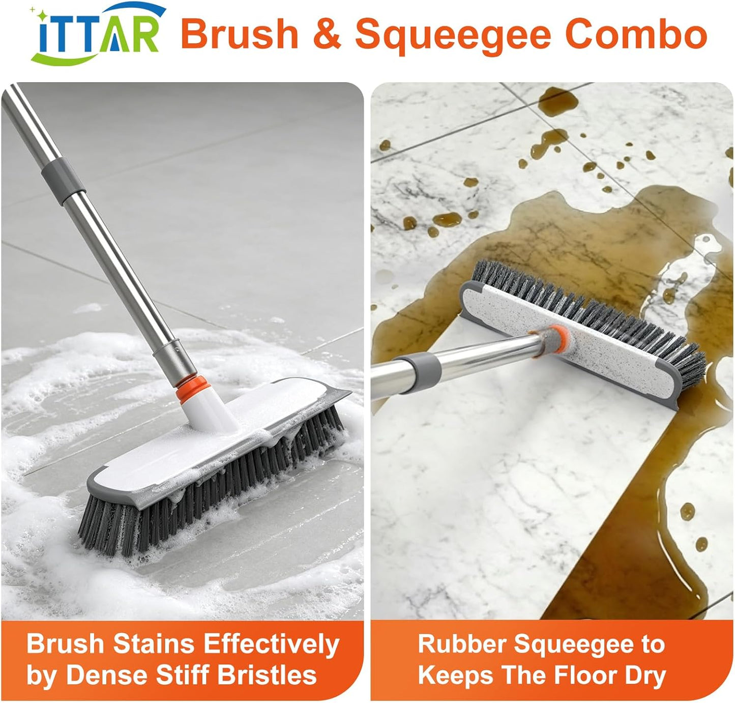 ITTAR 55" Extendable Floor Scrub Brush, 12" Wide Heavy-Duty 2-in-1 Scrub & Squeegee Deck Brush for Tile Grout Shower Floor, Kitchen, Restaurant, Patio & Garage Cleaning