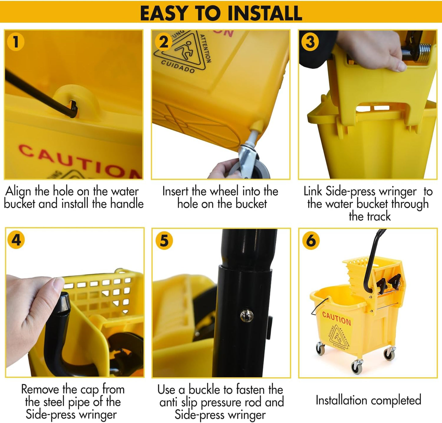 KULED Commercial Mop Bucket with Side Press Wringer, Including Wet Floor Caution Sign and One Industrial Mop with 2 Mop Heads, for Floor Cleaning and Mopping, 38 Quart, Yellow