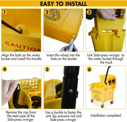KULED Commercial Mop Bucket with Side Press Wringer, Including Wet Floor Caution Sign and One Industrial Mop with 2 Mop Heads, for Floor Cleaning and Mopping, 38 Quart, Yellow