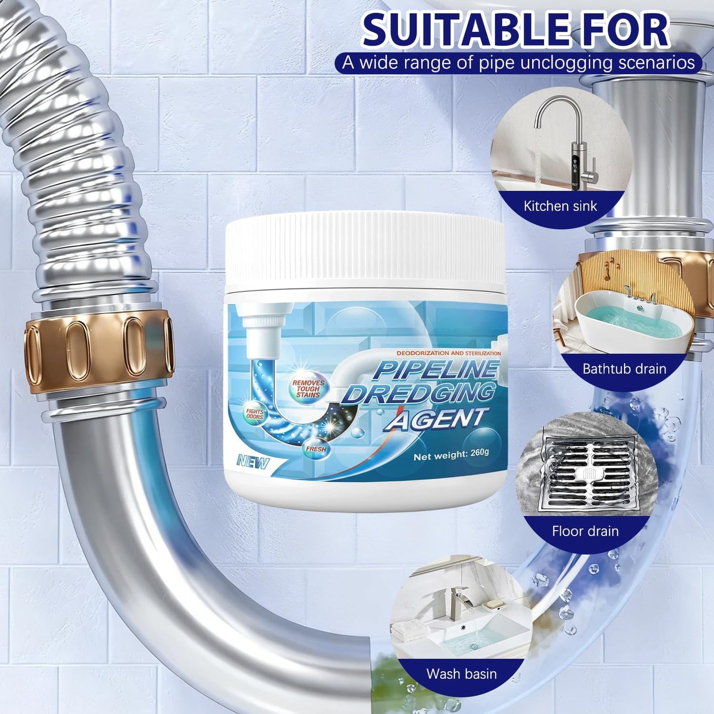 Pipeline Dredging Agent, Sink Drain Hair Clog Remover Cleaner, Unclogger Heavy Duty Bathroom Shower Pipeline Dredging Agent, Unclog Clogged Drains For Pipes, Toilets (260g)