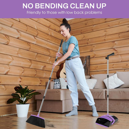 Broom and Dustpan Set for Home, 51-in Long Adjustable Handle Angle Broom and Dustpan Combo Set with Dust Pan Teeth to Clean Hair for Home Kitchen Office Lobby Floor Garden (Black&White)