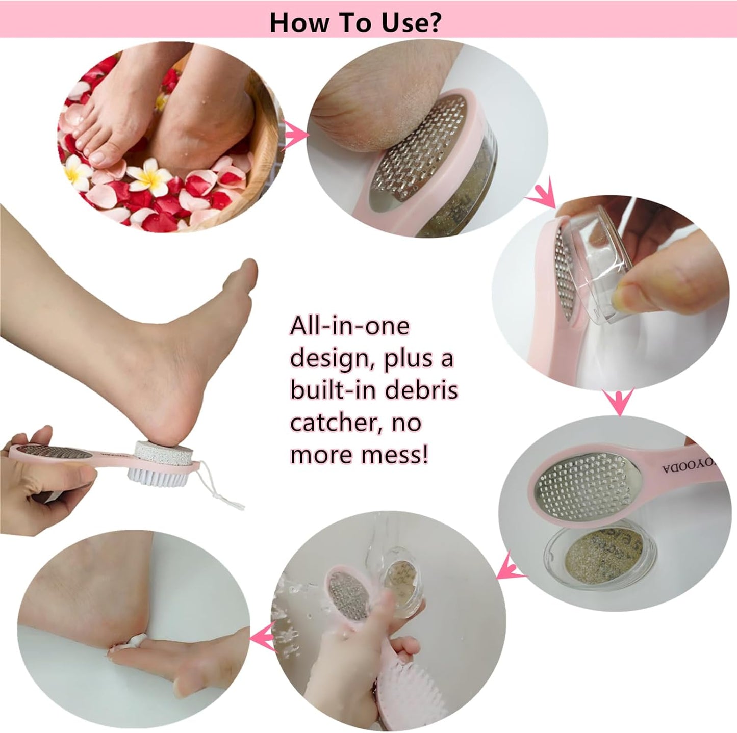 Foot File Callus Remover 5-in-1, 2 Pcs Feet Scraper Pedicure Tools with Pumice Stone, Scrubber Brush, Stainless Steel Foot Rasp and Sand Paper Debris Catcher, Multi Purpose, Cyan