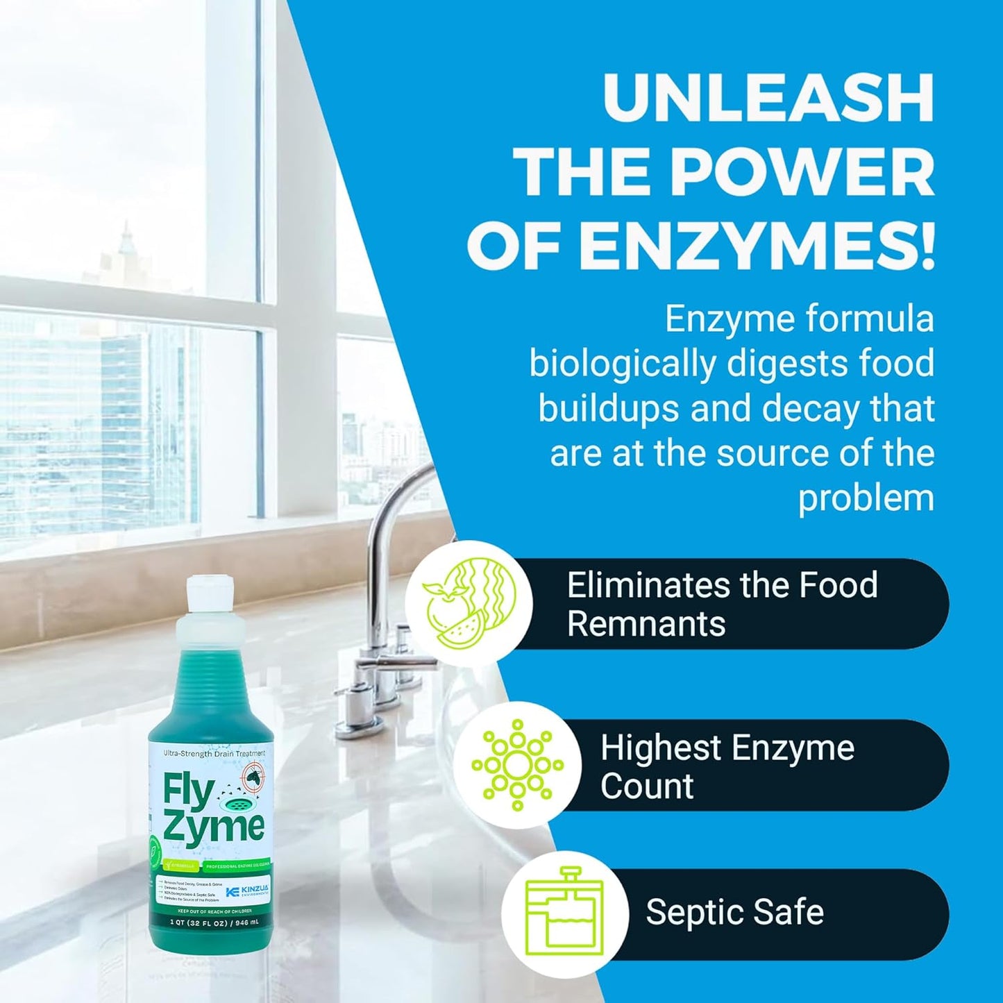 Fly-Zyme, Highly Concentrated Enzyme Drain Cleaner for Pipes, Drain Gel for Fruit Flies, Organic Waste Degrader & Odor Neutralizer, 32 fl oz