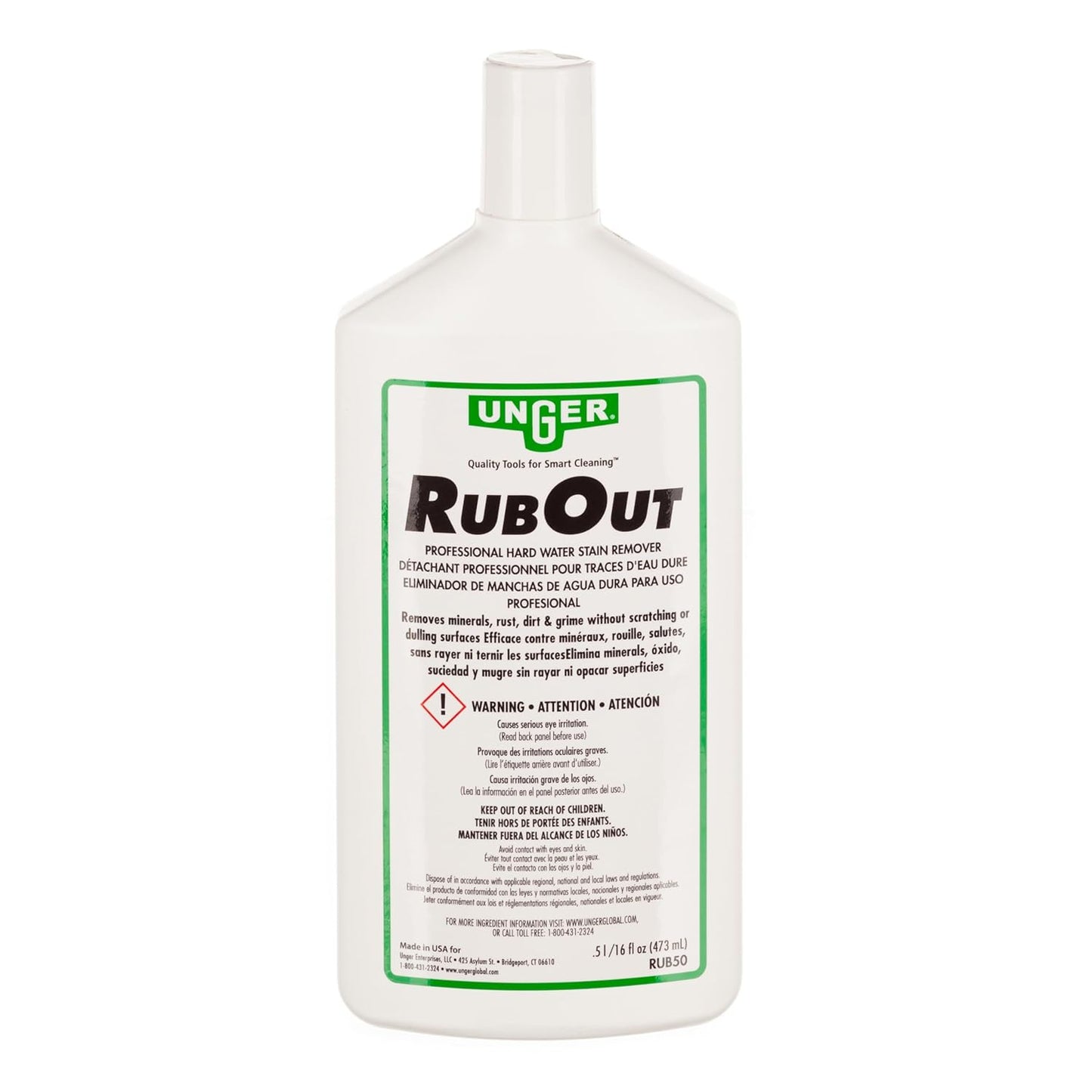 Unger Commercial RubOut Hard Water Stain Remover - 16 oz Professional Window and Glass Cleaner Solution - Removes Mineral Buildup, Rust, and Soap Scum for Clear Surfaces - RUB50