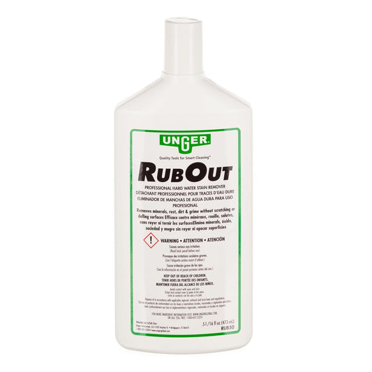 Unger Commercial RubOut Hard Water Stain Remover - 16 oz Professional Window and Glass Cleaner Solution - Removes Mineral Buildup, Rust, and Soap Scum for Clear Surfaces - RUB50