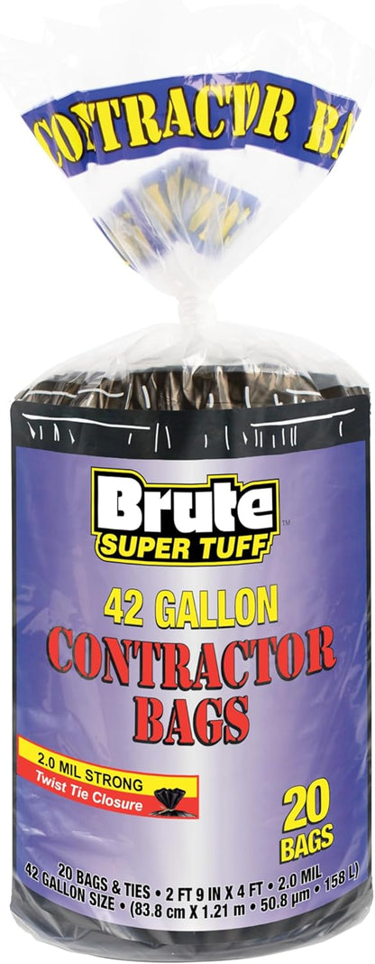Brute Super Tuff Heavy Duty 2.2 MIL Contractor Bags, Extra Large Trash Bags, Twist Tie Closure, Black, 55 Gallon, 15 Count
