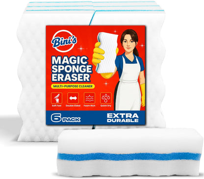 BINI'S Magic Sponge Eraser, Extra Durable, Multi Purpose Cleaner, Shoe, Bathroom, Shower, and Car Window and Windshield Cleaner, Cleaning Pads, 6 Count
