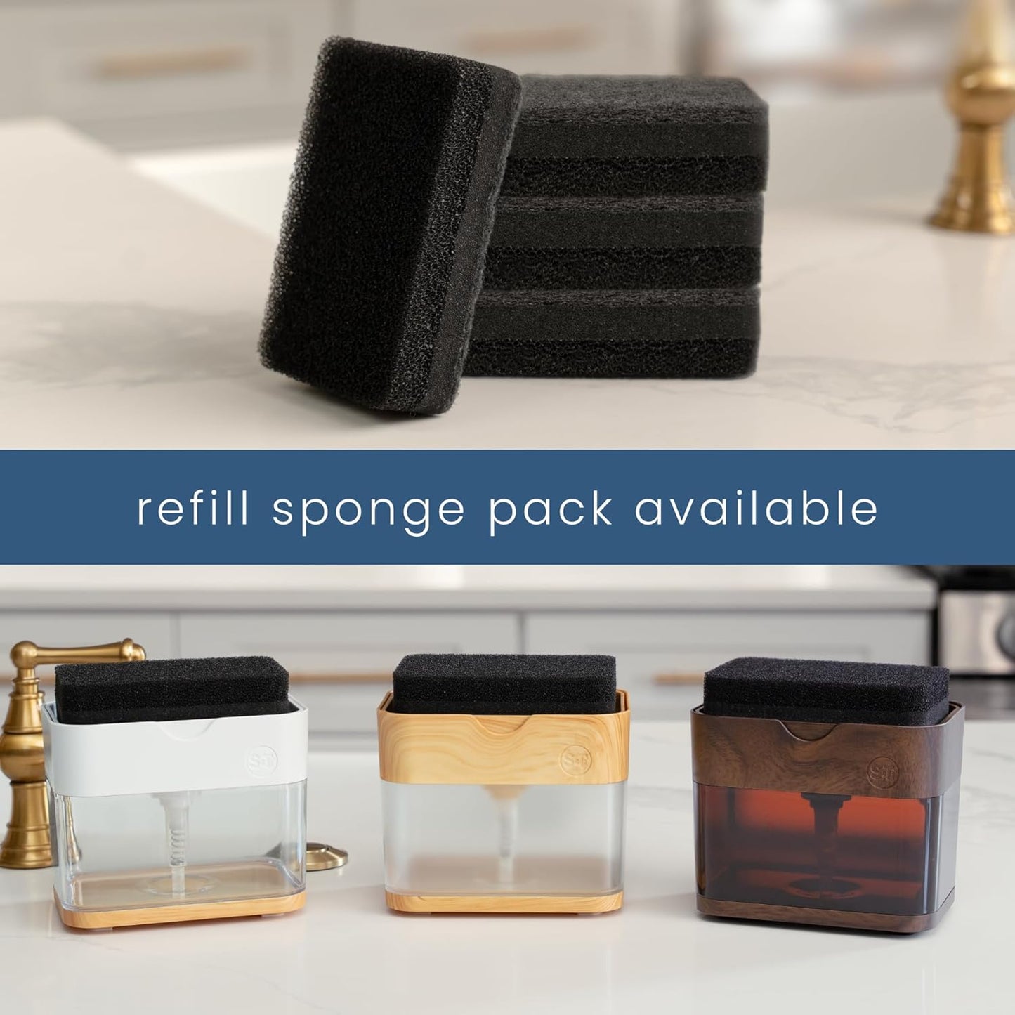 S&T INC. Dish Soap Dispenser and Sponge Holder for Kitchen Sink, Sponge Included, 13 Ounces, Metallic Silver