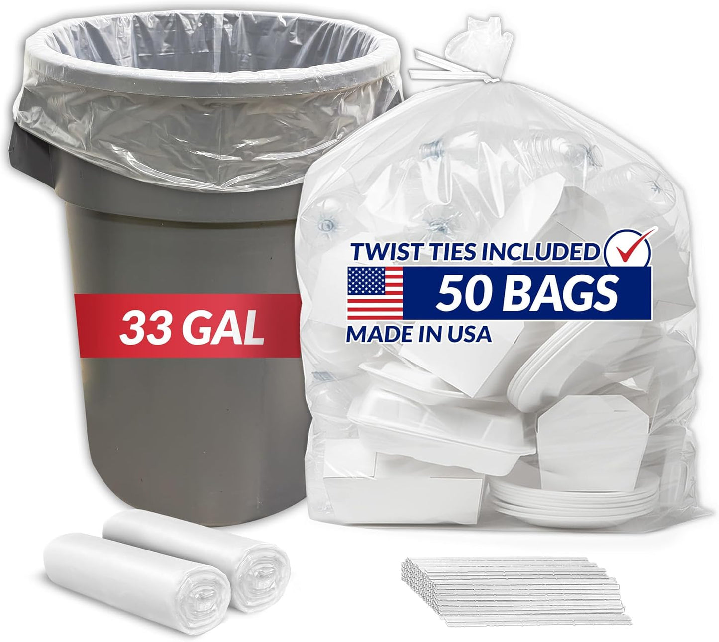 Reli. 33 Gallon Trash Bags Heavy Duty | 50 Trash Bags with Ties | Super Sizeable, Clear, Serious Garbage Cleanup