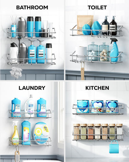 Nieifi Shower Caddy Shelf Storage Rack Adhesive Without Drilling Stainless Steel with Hooks for Washroom, Lavatory, Restroom, Toilet, Bathroom, Kitchen - 2 Pack
