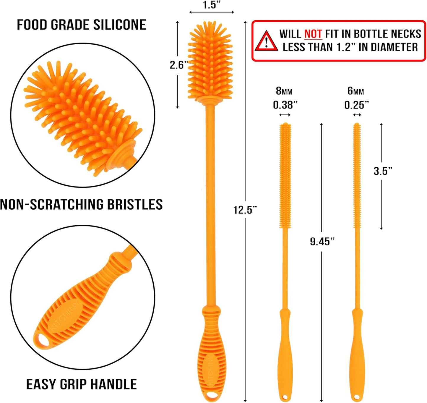 Kitchiny Silicone Bottle Brush with 2 Straw Cleaners - 12.5” Water Bottle Cleaner Brush for Yeti, Hydro Flask, Owala, Stanley, Baby Bottles, Glassware, Vases & Narrow Neck Containers - Grey