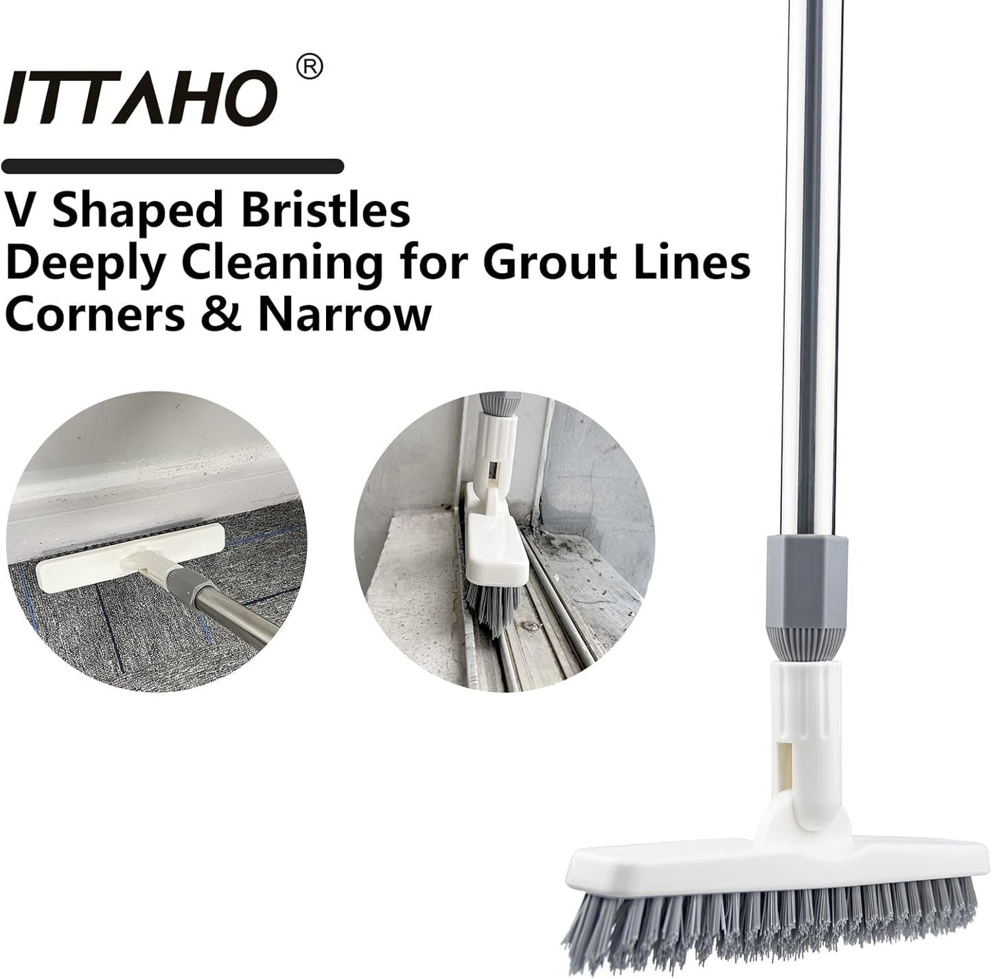 2 Pack Grout Brush with Long Handle, 56.5'' Swivel Grout Cleaning Brush,V-Shape Grout Scrub Brush, Extendable Handle Grout Cleaner Brush for Tile Floors，Bathroom,Baseboard,Shower,Corner