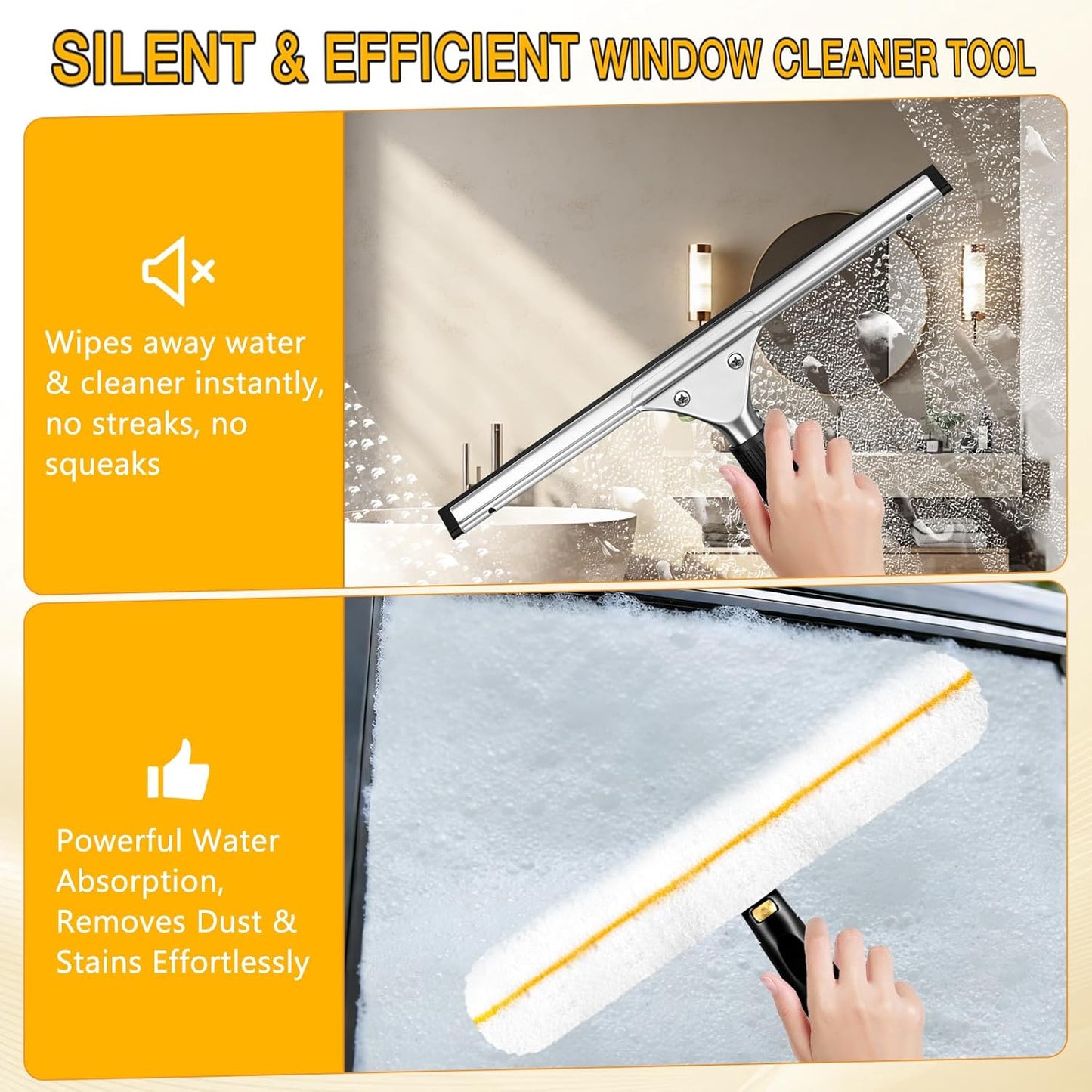 Window Cleaning Squeegee Kit- 14" Squeegee & Microfiber Rotatable Window Scrubber,All-Purpose Tile Shower Walls Window Glass Car Windshield Mirrors,Reusable Microfiber Sleeve
