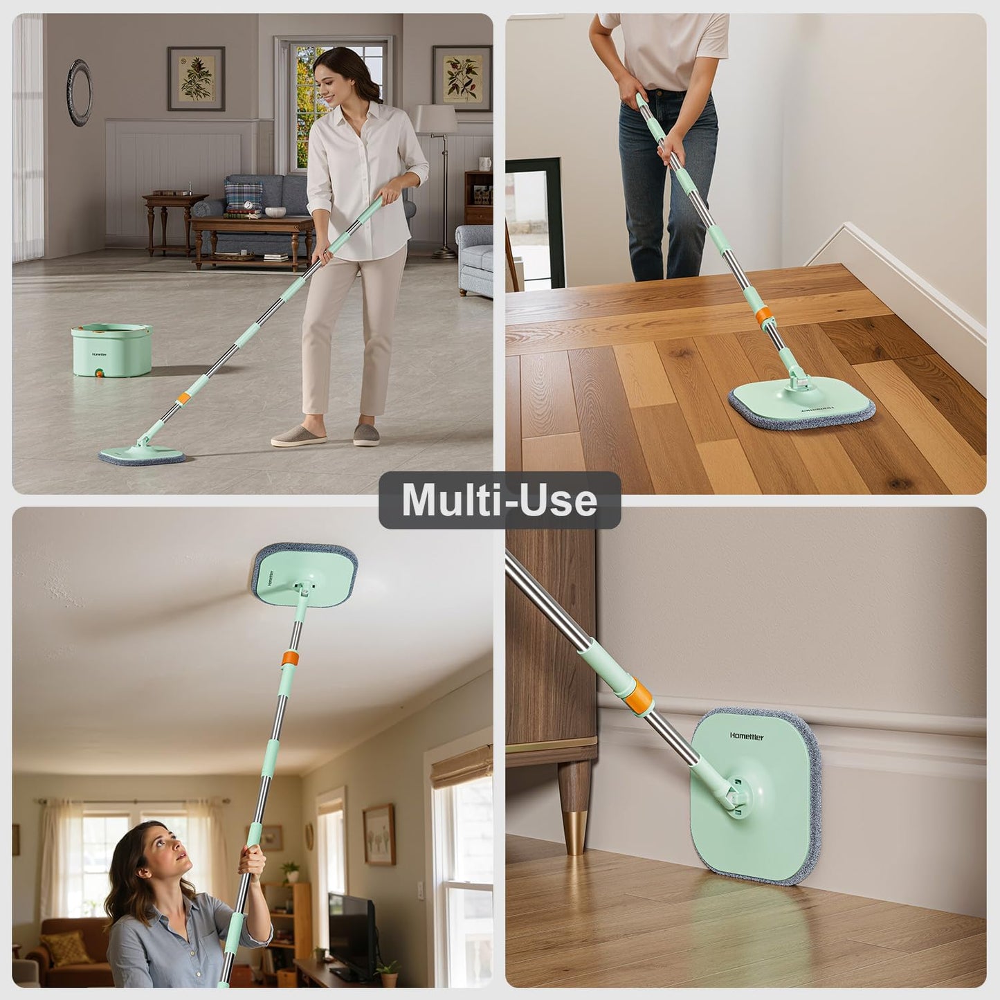 HoMettler Mop and Bucket Set | Spin Mop with Dual-Tank Clean/Dirty Water Separation | 4 Microfiber Pads for Deep-Cleaning Floors | Versatile Mops Triangular Head for Walls