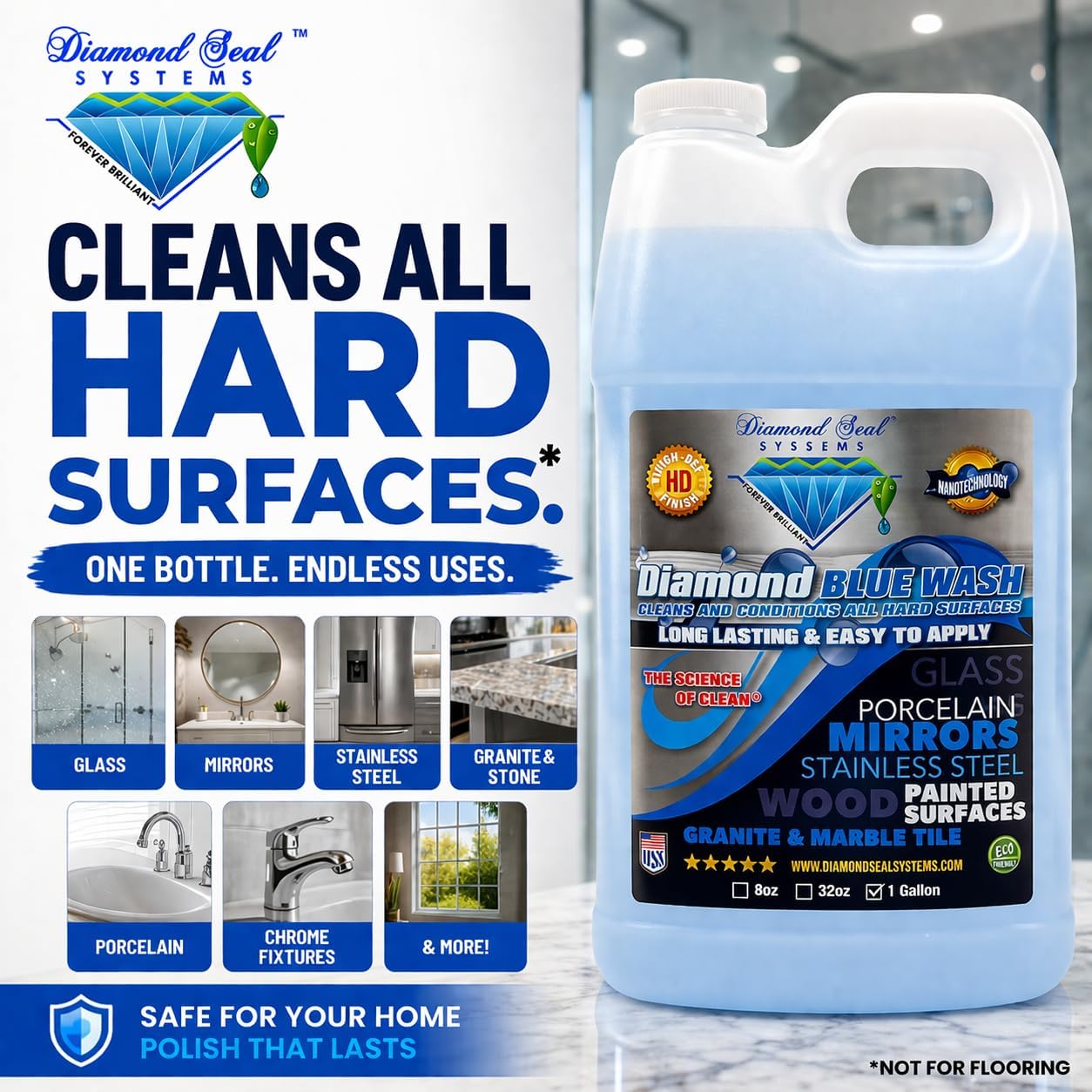 Made in the USA. Diamond Blue Repellent Wash Multi Surface. Cleans,Shine Best Cleaner for Glass, Granite, Countertops Wood & Stainless Steel. Direct from the Manufacturer 32oz Easy to use spray bottle