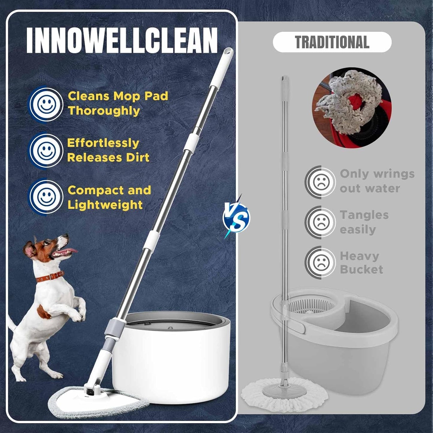 VENETIO Innowellclean Microfiber Spin Mop and Bucket Set with Patented Water Filtration System - Deep Self Cleaning/Dry/Wet All-In-One Floor Mop for Home Hardwood, Tile - Ideal for Pet Owners (2 Pads)