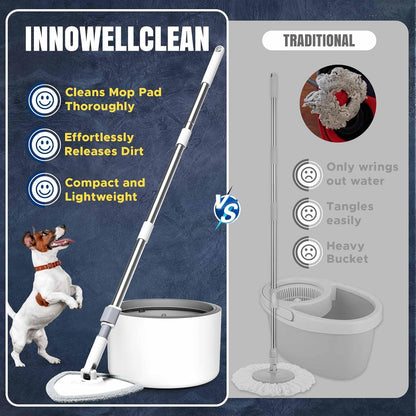 VENETIO Innowellclean Microfiber Spin Mop and Bucket Set with Patented Water Filtration System - Deep Self Cleaning/Dry/Wet All-In-One Floor Mop for Home Hardwood, Tile - Ideal for Pet Owners (2 Pads)