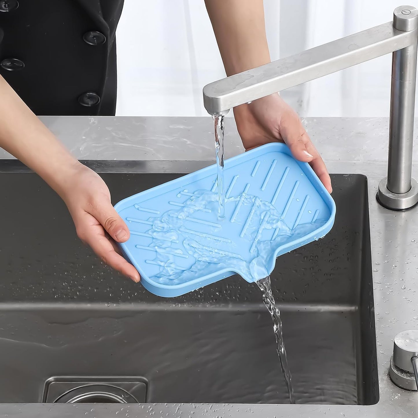 MicoYang Silicone Bathroom Soap Dishes with Drain Spout-Bathroom and Kitchen Sink Organizer,Sponge Holder,Dish Soap Tray,Perfect for Dispenser,Scrubber,Bottle,Cup on Sink or Counter-Black 4.9"×3.2"