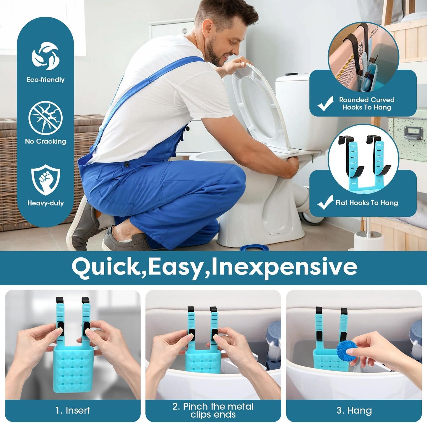 Adjustable Toilet Tank Cleaning Tablet Holder-Hanging Silicone Basket Carrier with Rustproof Hooks for Bowl Cleaner & Bleach Tablet Organizer, Accessory Fit Up to 7" Water Level
