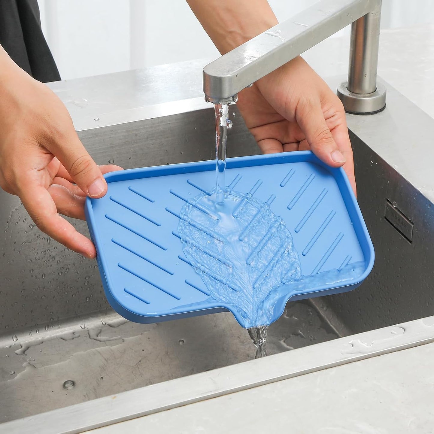 MicoYang Silicone Bathroom Soap Dishes with Drain Spout-Bathroom and Kitchen Sink Organizer,Sponge Holder,Dish Soap Tray,Perfect for Dispenser,Scrubber,Bottle,Cup on Sink or Counter-Black 4.9"×3.2"