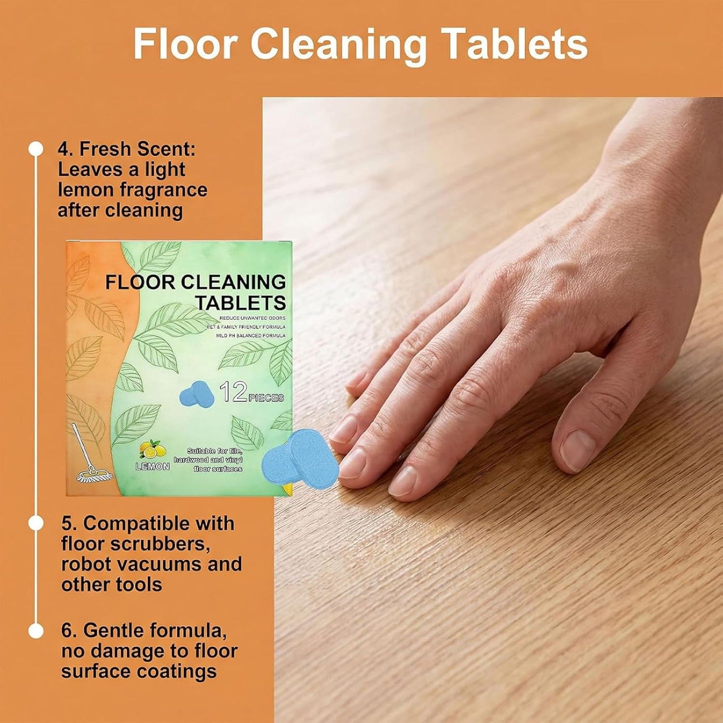 12pcs Floor Cleaner Tablets Hard Floor Cleaner Tablets, Pre-Measured Dissolvable Cleaning Solution for Tile, Vinyl, Compatible with Robot Mops & Wet/Dry Vacuums Cleaner lemon Scent