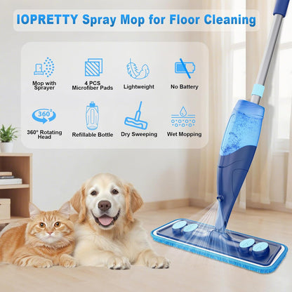 Spray Mops for Floor Cleaning - Wet Dry Mops with 2 Washable + 2 Disposable Pads for Swiffer Powermop - Refillable Bottle for Hardwood Tile Home Kitchen - Absorbs Pet Hair Dust Stains