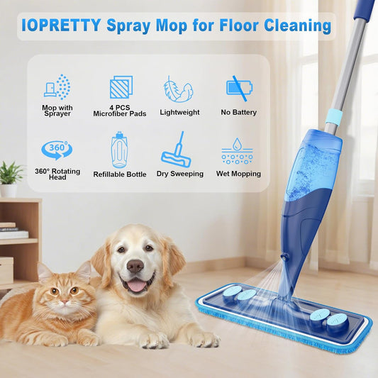 Spray Mops for Floor Cleaning - Wet Dry Mops with 2 Washable + 2 Disposable Pads for Swiffer Powermop - Refillable Bottle for Hardwood Tile Home Kitchen - Absorbs Pet Hair Dust Stains