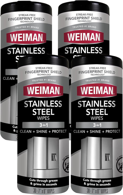 Weiman Stainless Steel Cleaner, 30 Count Wipes, Anti-Fingerprint, Removes Grease, Water Spots, Streaks & Residue, Polishing Cleaner Safe for Appliances, Chrome, Sinks & Grill Exteriors