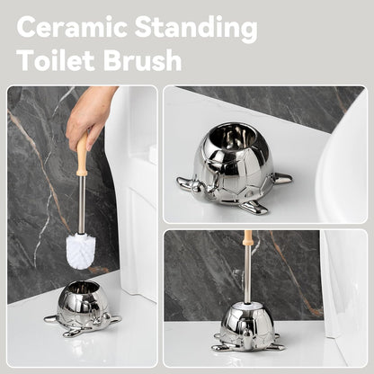 Turtle Base Toilet Brush Set - Gold Ceramic Toilet Scrubber Brush 7.5” Bowl Cleaner with Ergonomic Handle, Mini Cute Bathroom Cleaning Brush - Bathroom Decor