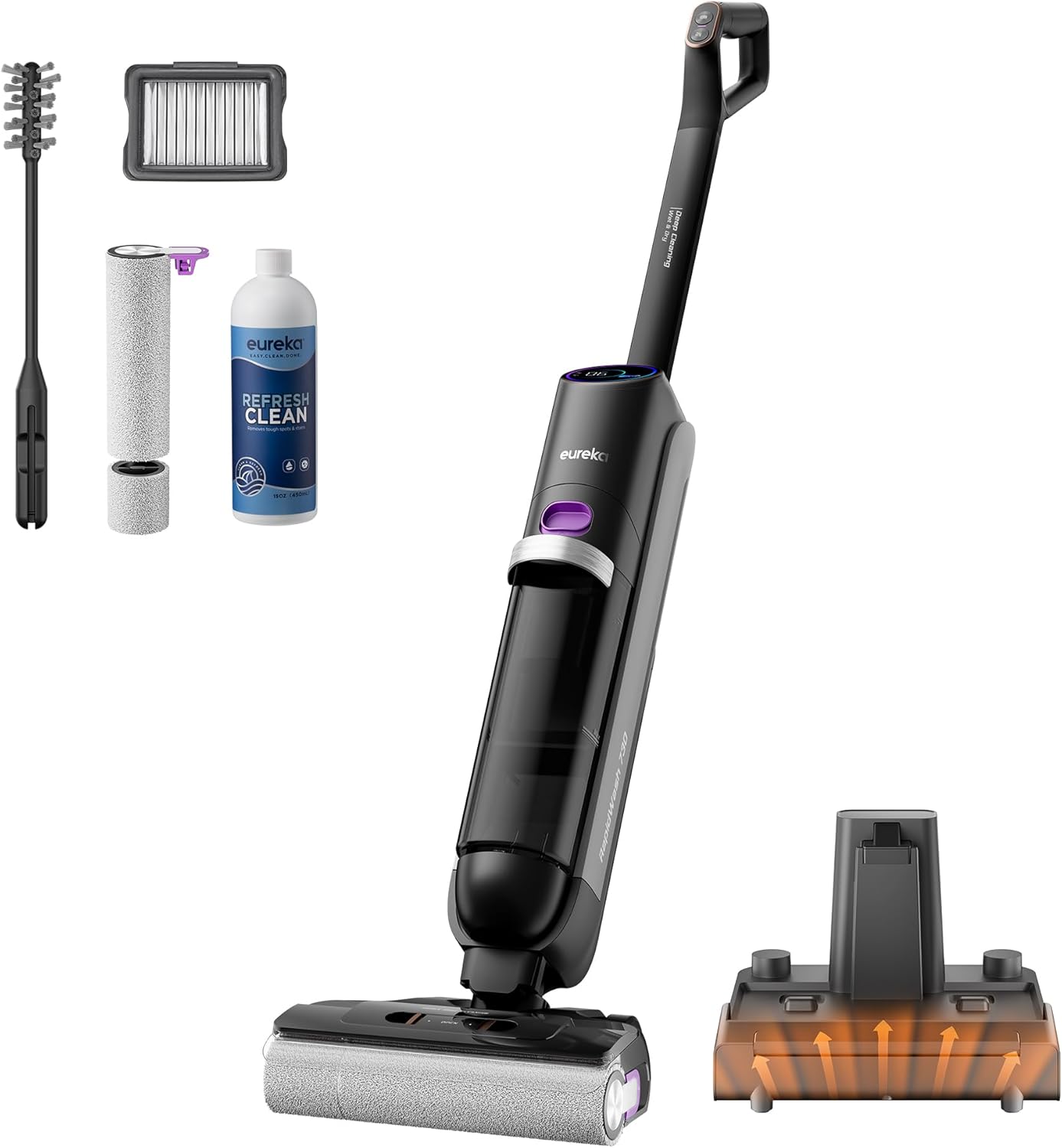 Eureka Cordless Wet Dry Cleaner, 170° Reclinable, Hot Air Drying Self Cleaning Vacuum and Mop Combo, Good for Hard Floors Pet Hair Sticky Messes, RapidWash 630, Purple