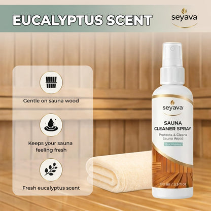 Sauna Cleaner Kit – 2-Pack (2 × 3.3 fl oz) Ready-to-Use Eucalyptus Spray + Microfiber Cloth – Natural Sauna Wood Cleaner & Deodorizer for Maintenance, Traditional & Infrared Saunas