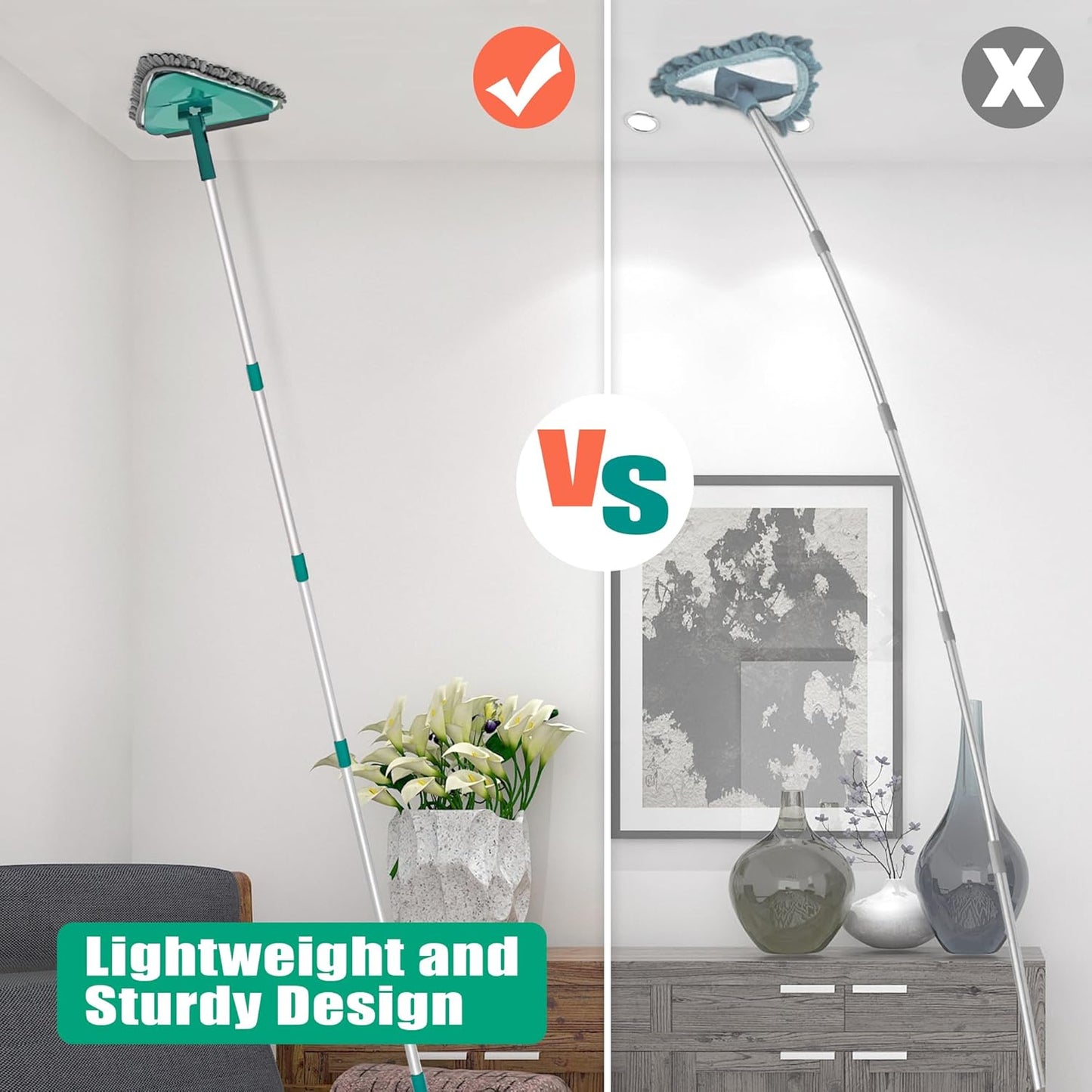 JEHONN Wall Mop with Long Handle 80 inches, Upgraded 180° Collapsible Baseboard Cleaner Tool with Squeegee, Ceiling Duster with 3 Microfiber and 3 Chenille Pads for Cleaning Window, Cabinet (Rose Red)
