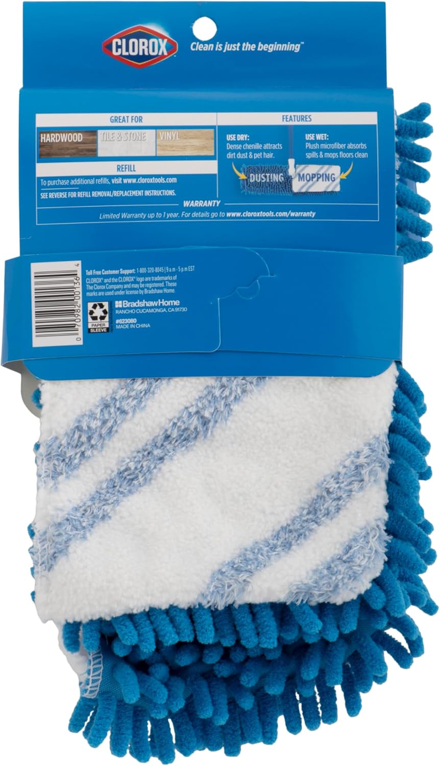 Clorox Dual Action Dust Floor Mop Microfiber Refill Head, Machine-Washable, Blue