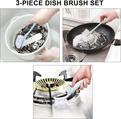 Dish Brush with Handle, Kitchen Deep Cleaning Dish Scrub Brush, 3 Pieces Ergonomic Built-in Hanging Loops Scrubber Brush Set for Pot, Dish, Pans, Bottle, Sink Cleaning, Nordic Green
