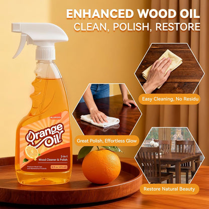 2-in-1 Furniture Polish Wood Cleaner - 2Pack Natural Orange Oil Spray Protect Wood Surface Safely, Enhanced Furniture Restorer Finish Cabinets, Tables, Antique, Floor, 32oz Total