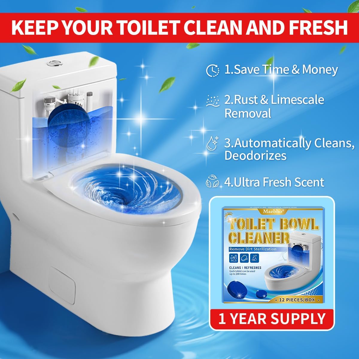 Automatic Toilet Bowl Cleaner Tablets,12- Pack Blue Gel In-Tank Cleaner, Removes Hard Water Rings & Stains, Septic Safe, Cleaning & Deodorize, Fresh Scent,50g Each