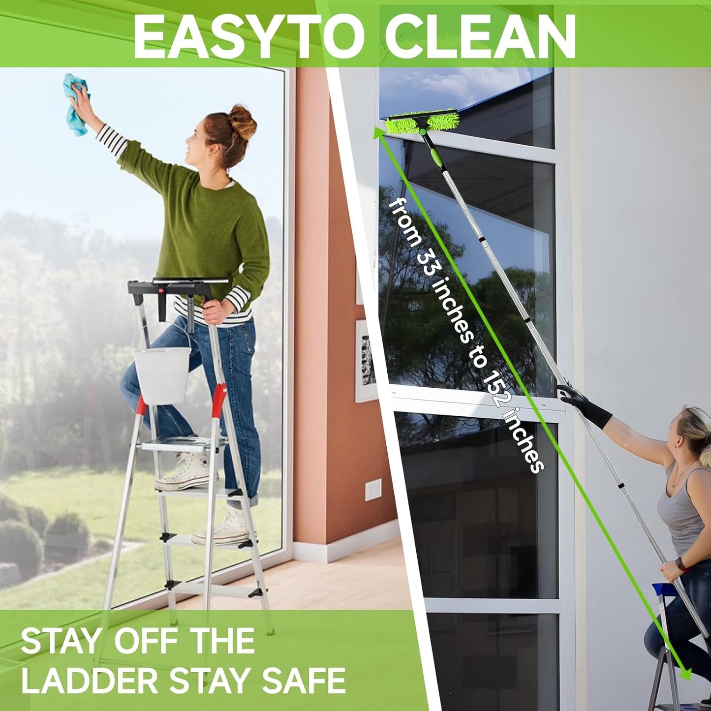 67" Squeegee Window Cleaner 2 in 1 Rotatable Window Cleaning Tool Kit with Extension Pole, Window Washing Equipment with Bendable Head for Indoor & Outdoor High Windows and Car Glass
