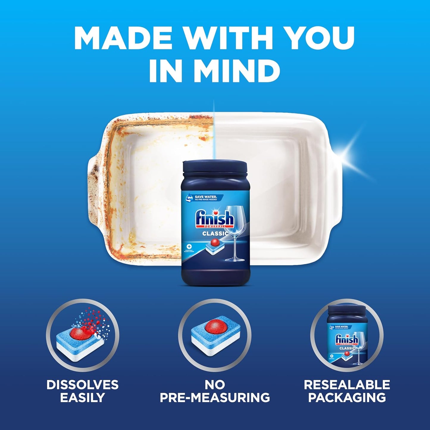 Finish Classic Dishwasher Pods, No Pre-Rinse Dishwasher Detergent Soap For Clean & Shine everyday with grease fighting Power, 84 count