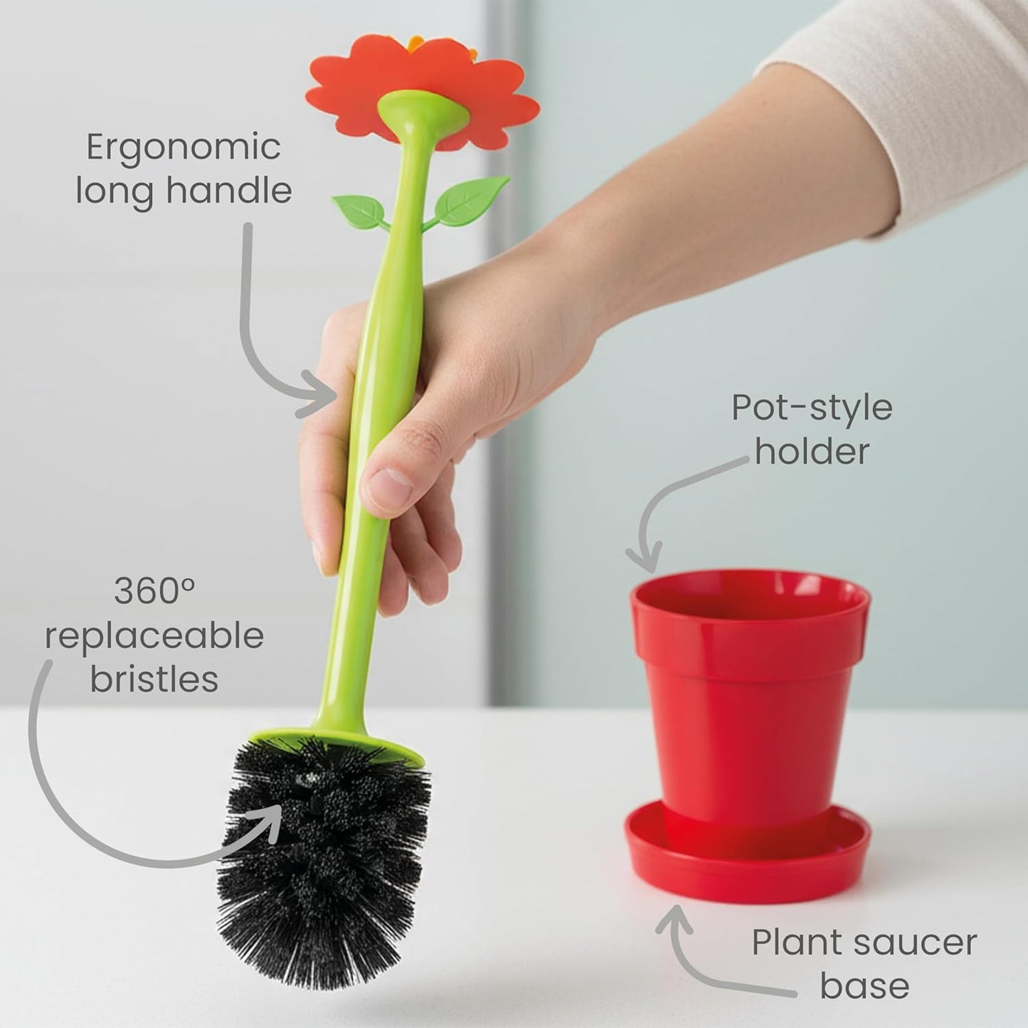 Vigar Flower Power Toilet Brush with Holder Set Toilet Brush with Daisy-shaped Handle, Flowerpot Base with Saucer Durable Bristles for Bathroom, White