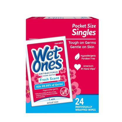 Wet Ones Antibacterial Hand Wipes Singles, Fresh Scent Wipes, Individual Wipes, Antibacterial Wipes, Hand Wipes Individually Wrapped, 24ct (6 pack)