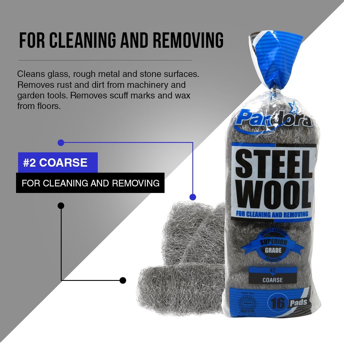 Pandora Steel Wool #2 – Coarse Grade, 16 Pads for Cleaning and Removing - Quality Metal Strands - Ideal to Remove Floor Scuff Marks and Old Wax