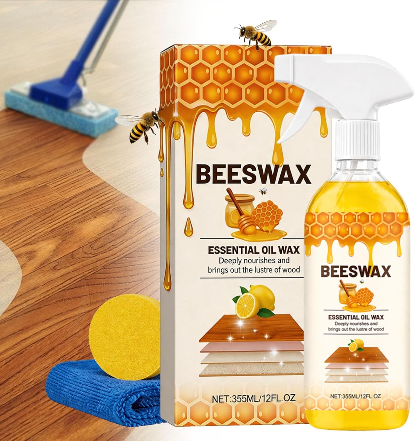 355ml Micro-Molecularized Natural Beeswax Floor Polish Spray, Beeswax Essential Oil Wax, Bees Wax Wood Polish Spray, for Living Rooms, Kitchens, Wood Furniture Floor (1PCS)