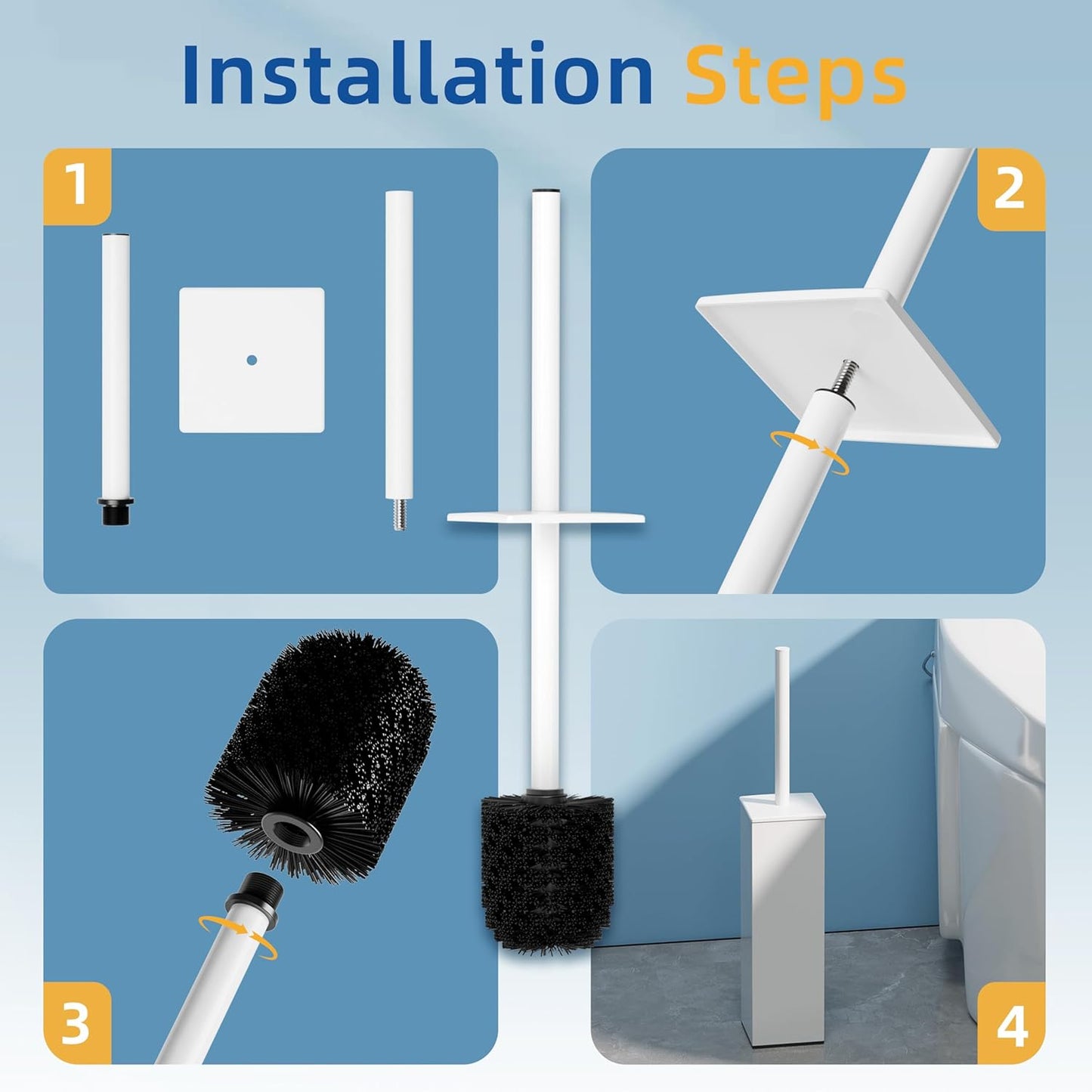 RUACQ Toilet Brush and Holder Set,Square Toilet Bowl Brush for Bathroom with 304 Stainless Steel Handle Toilet Cleaner Brush with Durable Scrubbing Bristles,Splash-Proof (White)
