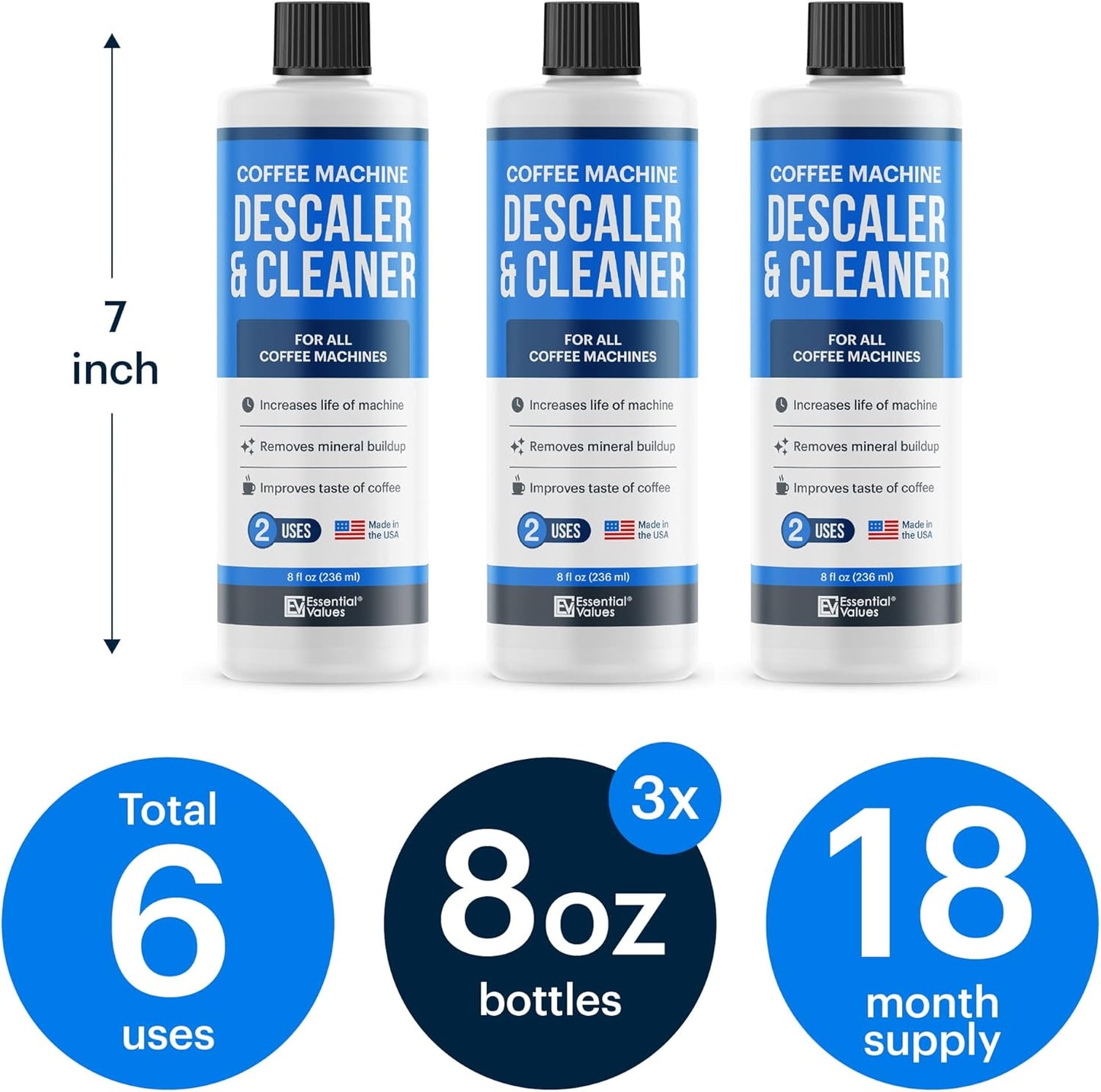 Essential Values Descaling Solution (8 fl oz / 236 ml) – Coffee Maker Cleaner for Nespresso, Keurig, Breville & More – Works on All Machines & Espresso Makers – Made in USA