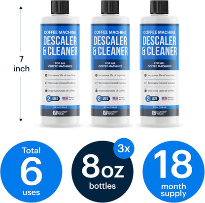 Essential Values Descaling Solution (8 fl oz / 236 ml) – Coffee Maker Cleaner for Nespresso, Keurig, Breville & More – Works on All Machines & Espresso Makers – Made in USA