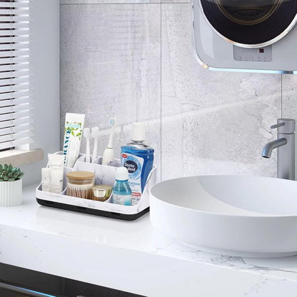 GFWARE Wood Toothbrush Holders for Bathrooms Countertop Organizer - Detachable 7 Slots Kid Bathroom Decor and Accessories, Wooden Bathroom Sink Storage Organization, Caddy, Tray, Brown