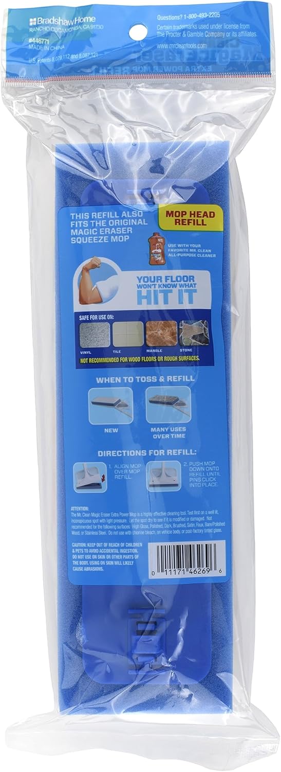 Mr. Clean Magic Eraser Extra Power Floor Mop Foam Refill Head with Water-Activated Micro-Scrubbers, White/Blue