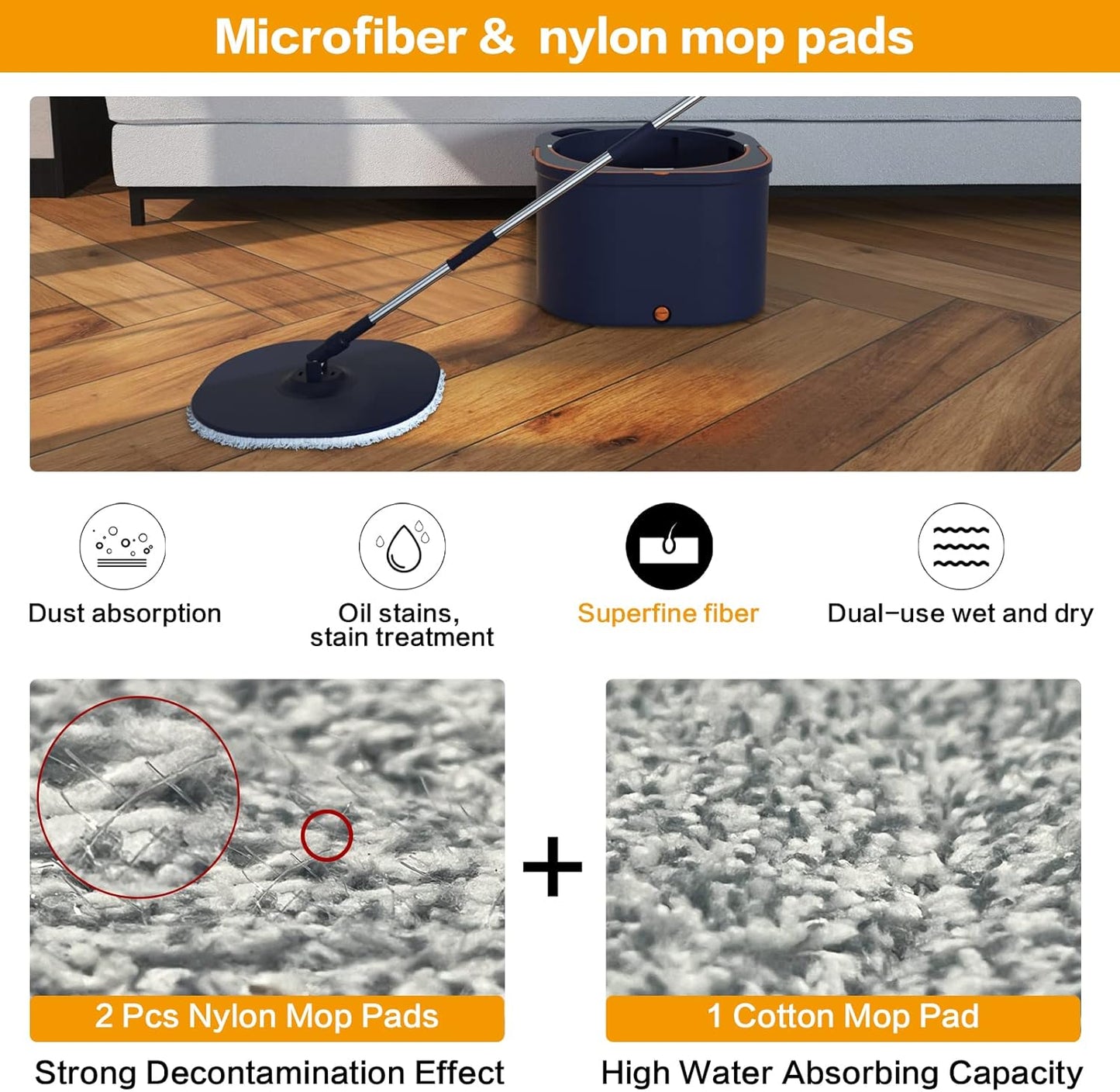 Flat Floor Mop and Bucket System Set with Wringer, Spin Mop and Bucket Separate Clean and Dirty Water with Self Separation for Hardwood, Laminate, Tile, Floor Cleaning, Wet and Dry Use, LightCyan