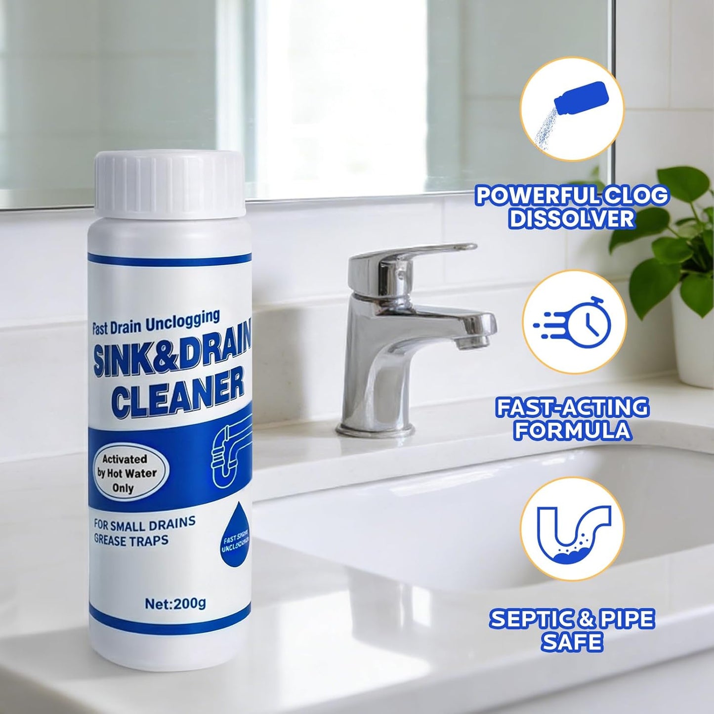 Sink Drain Clog Cleaner 400g: Upgraded Powerful Unclogger for Kitchen Sink, Bathroom Tub and Shower Drain, Effective Clog Remover