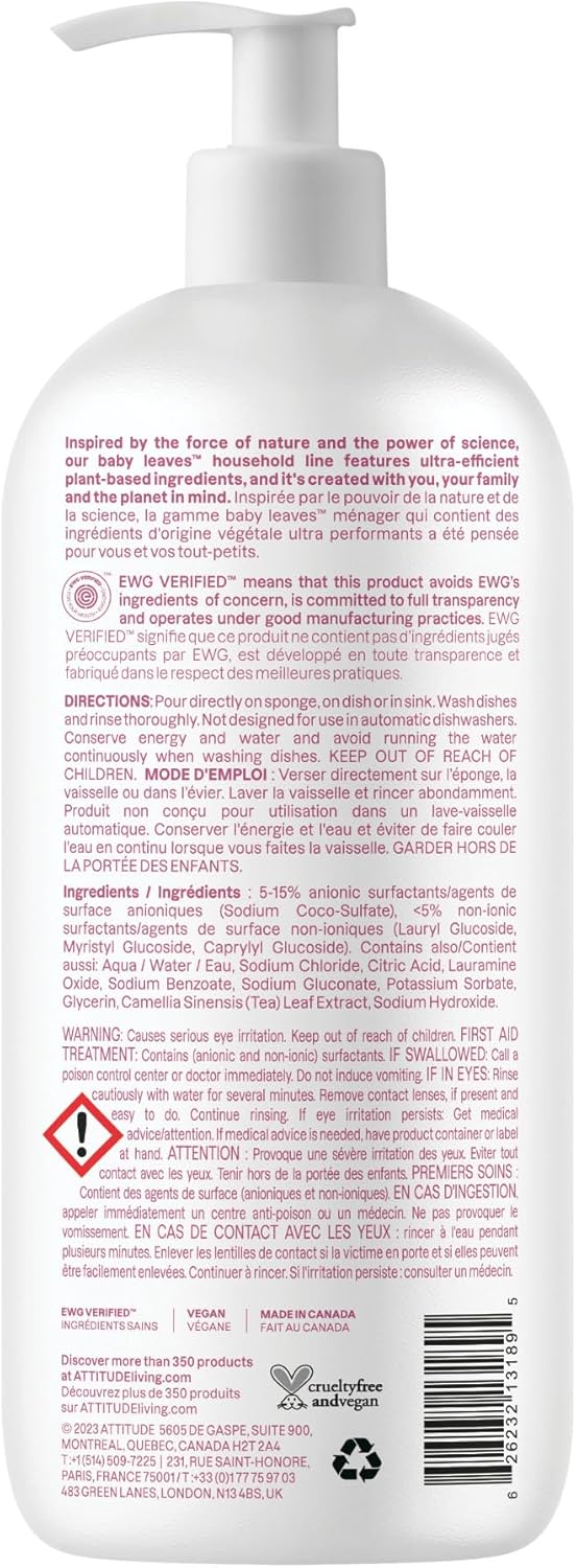 ATTITUDE Baby Bottle & Dish Soap, EWG Verified Bottle Cleaner, Fragrance Free & Dye Free, Removes Milk Residue & Grease, Vegan, Unscented, 23.7 Fl Oz